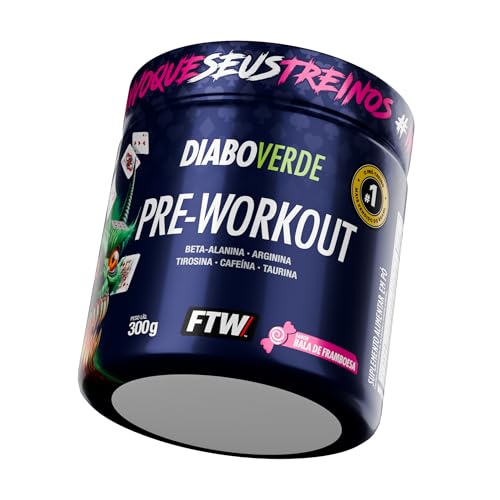 Pré Treino Pre Workout DIABO VERDE Pote 300g Sabor Bala de Framboesa FTW - Suplemento Com Cafeína, Aminoácidos Beta‑Alanina e Arginina para Treinos e Atividades Físicas