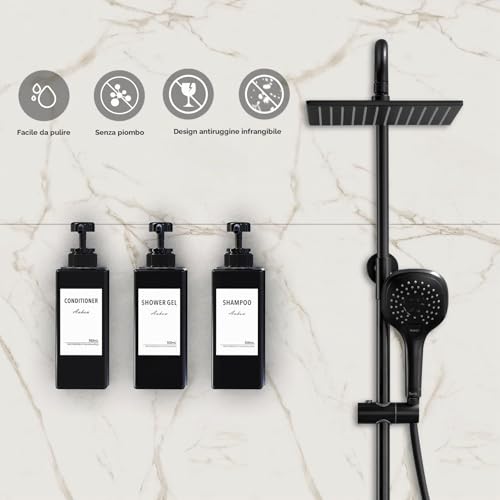 Anhow 3 Pieces Bath Soap Dispenser, 500 ml Wall Mounted Shower Dispenser Set Without Drilling Shampoo and Body Wash Dispenser with Label for Bathroom Shower Kitchen – Black