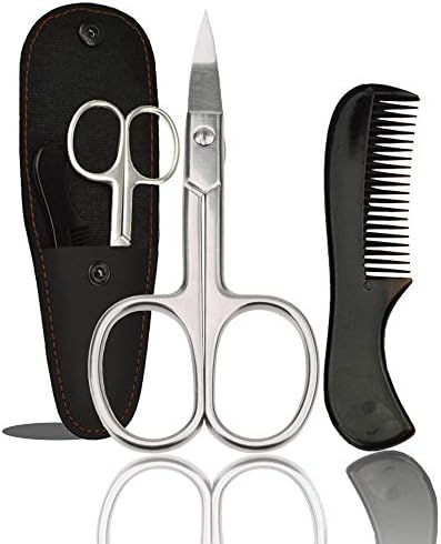 Beard Scissors and Hair Comb Sets for Men With Travel Leather Case - Professional Stainless Scissors Men Hair Grooming Kit for Shaping Facial hair, Eyebrows, Nose Hair BLUETOP