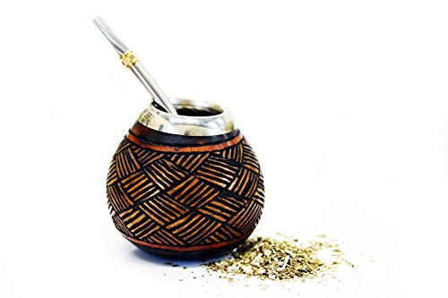 Tealyra - Hand Made Carved - Yerba Mate Gourd and Stainless Steel Bombilla Straw - Made in Argentina - Traditional Drinking Gourd - Authentic Argentinian Mate Cup (#1601)