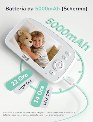 GHB Baby Monitor Video and Audio 5'' 720P Screen 5000mAh, 350°/110°, Temperature Detection, VOX, Bidirectional Intercom, Integrated Lullaby