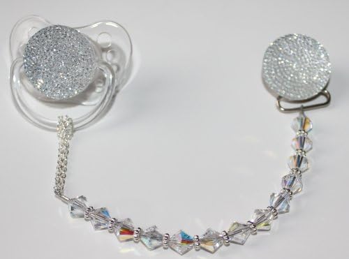 Luxury Clear Crystals from Swarovski Beads and Clear Glitter Unisex Baby Sparkly Gift Pacifier Clip (CSGC)