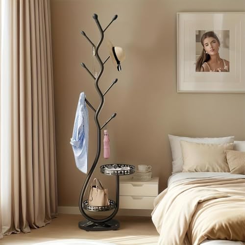 Metal Standing Coat Rack, Small Space Coat Freestanding Hanger Coat Stand with Natural Metal Base & 8 Hooks, Tree-Shaped Coat Rack for Entryway, Hallway, Bedroom, can Hang Clothes, Hats (Black)