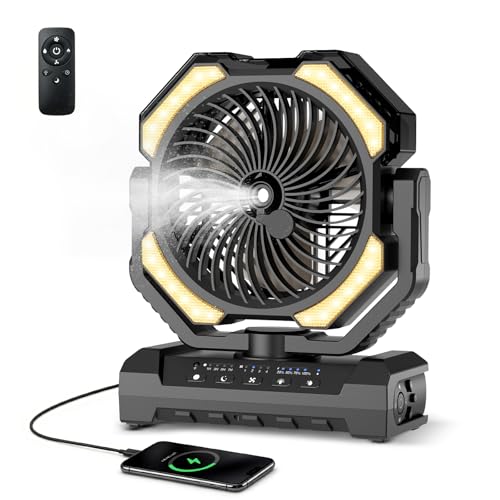 Ateroll 20000 mAh Battery Camping Fan with Mist, USB Fan Battery with Remote Control, LED, Hanging Hook, Table Fan for Tent, Outdoor, Home, Patio, Travel