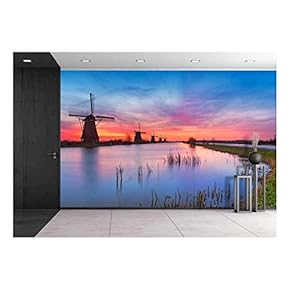 Traditional Dutch Windmills with a Colourful Sky Just Before Sunrise. Photographed at The Famous Kinderdijk - Removable Wall Mural | Self-Adhesive Large Wallpaper - 66x96 inches
