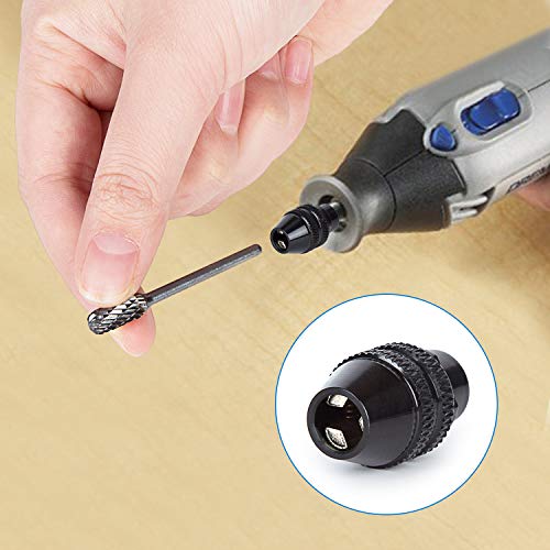 10pcs 1/8" Double Cut Tungsten Carbide Rotary Files Diamond Burrs Set + 1pcs Quick Change Keyless Chuck, Fits Dremel Rotary Tool for Grinder Drill, DIY Wooden Carving, Metal Polishing, Engraving