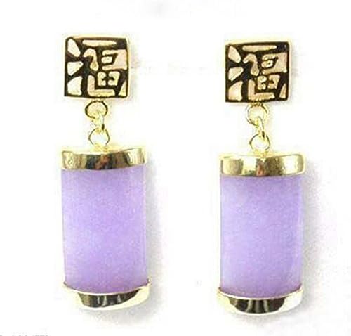New Pair Natural Lavender Jade 14k Gold Plated Fortune Lucky Earrings