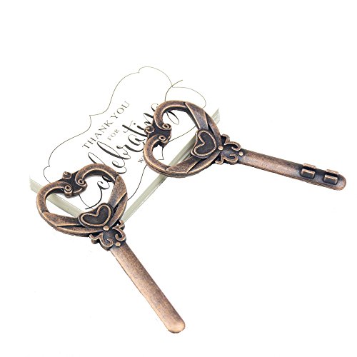 Aokbean 50pcs Multi Function Vintage Skeleton Key Bottle Opener Place Card Holders for Weddings Table Name Cards for Guest Souvenir French Ribbon (Antique Copper)