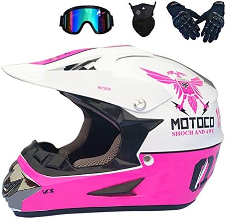 MRDEAR Motocross Helmet Set with Goggles Gloves Mask, White and Pink, Adult Kids Motorbike Cross Helmet Full Face MTB Motorcycle Crash Helmet Off Road ATV