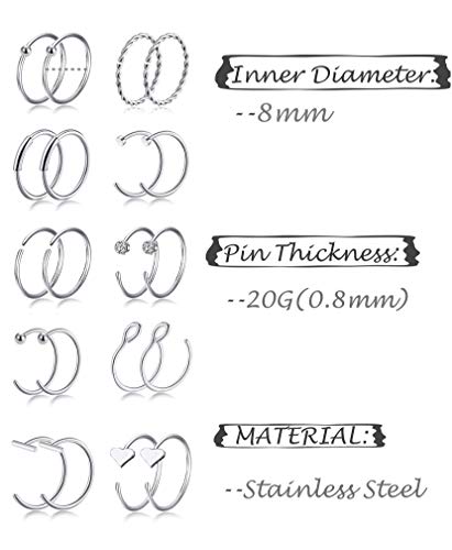 Tornito 20G 38Pcs Stainless Steel Nose Screw Studs Rings CZ Hoop Tragus Cartilage Nose Ring Labret Nose Piercing Jewelry for Men Women (A01:38Pcs, Silver Tone)