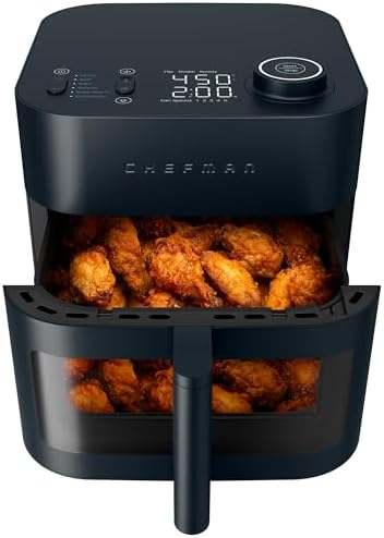 Chefman Crispinator Air Fryer 6-in-1 with 8 Qt capacity, 450°F Max Temp with TurboFry Pro Technology for Fast and Even Results, Viewing Window, Nonstick Ceramic Basket