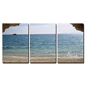 3 Piece Canvas Wall Art - Paradise Beach, Turquoise Sea and Cave in Sardegna, Italy - Modern Home Art Stretched and Framed Ready to Hang - 16"x24"x3 Panels