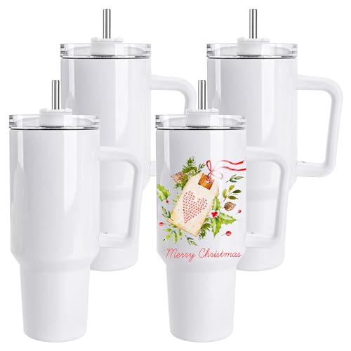 D·S 4 Pack 40 oz Sublimation Tumbler with Handle Insulated Large Sublimation Tumblers Bulk with Lids and Straws Stainless Steel Coffee Mugs for DIY Craft Heat Press Print