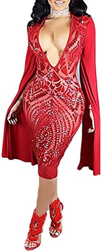 Wowowdress Womens Sexy Deep V-Neck False Long Sleeve Sequin Cocktail Dress