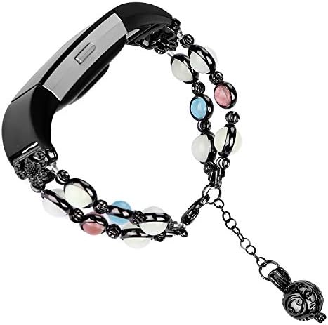 Tomazon Compatible Fitbit Charge 2 Bracelet Bands, Unique Luminous Night Pearl Metal Link Adjustable Accessory Wristband with Perfume Storage Pendant for Women Girl Female (Black)
