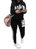 Chellysun Women Jumpsuit Cowl Neck Sweatshirt and Long Pants Tracksuit Letter Print 2 Piece Outfits Black XX-Large