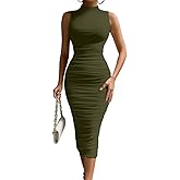 LAGSHIAN Women's Sexy Bodycon High Neck Sleeveless Ruched Midi Cocktail Party Dress