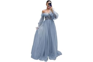 Fokissy Long Sleeve Tulle Prom Dresses Ball Gown Womens A Line Lace Applique Puffy Formal Evening Gowns