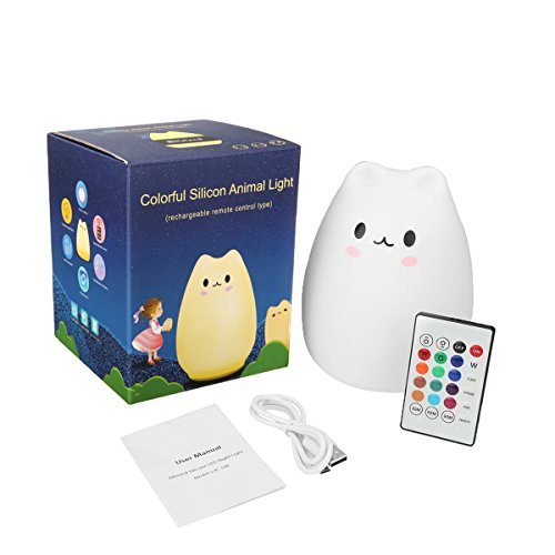 Children Night Light, Elfeland Remote Control LED Cute Silicone Cat Lamp 12+1 Colors/6 Lighting Modes/USB Rechargeable/Timing Off for Baby Kids Bedside Bedroom Nursery Birthday Gift Valentine Present