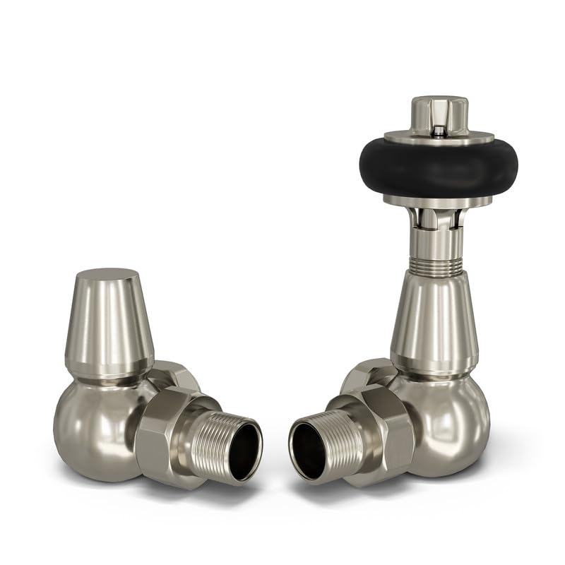 UK Radiators Brushed Silver Nickel Finish Thermostatic Radiator Valve and Corner Lockshield Valve - Brushed Silver Nickel Finish - Traditional Design 1/2" x 15mm Wooden Head Corner Radiator Valve