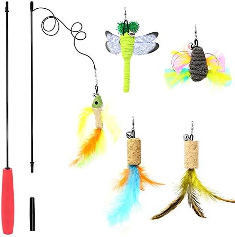 B Bascolor Cat Toys Interactive Feather Teaser Wand Toy Set with 5 Refills Feathers Bird Dragonfly Catcher for Cats Kitten