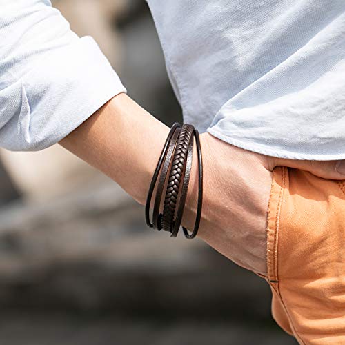 murtoo Mens Leather Bracelet with Clasp Cowhide Multi-Layer Braided Leather Mens Bracelet