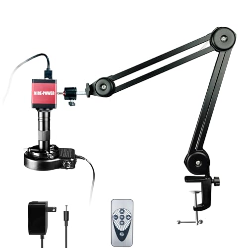 NICE-POWER Microscopio Digital, 13MP 1080P HDMI Tipo-C/USB Cámara Microscópica de Vídeo Industrial para Microscopios, Objetivo con Montura C y Zoom 150X, Soporte Plegable, Luz LED