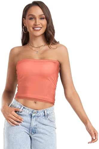トップス tope tube top peto JUZIHAI Orange Solid Color Women's Tube Tops Cute Trendy Strapless