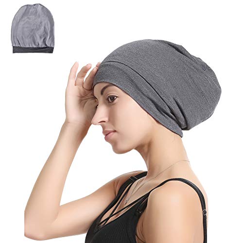 Satin Bonnet Hair Wrap for Sleeping - Hat for Curly Hair and Braids Adjustable Stay on Lined Silk Bonnets Scarf Hair Cover for Lady Lightweight Light Thin Jersey Chemo, Gifts for Women Dark Grey