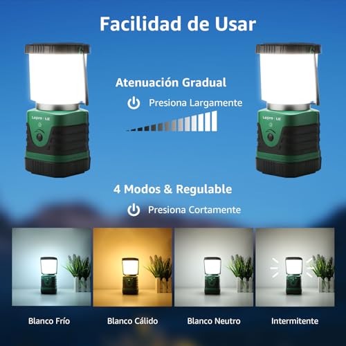 Lepro Pack de 2 Linterna LED Recargable 1000LM, Batería Recargable de 4400mAh, 4 Modos, Impermeable IP44, Lámpara de Camping para Senderismo, Pesca, Emergencia, Incluye Cable USB