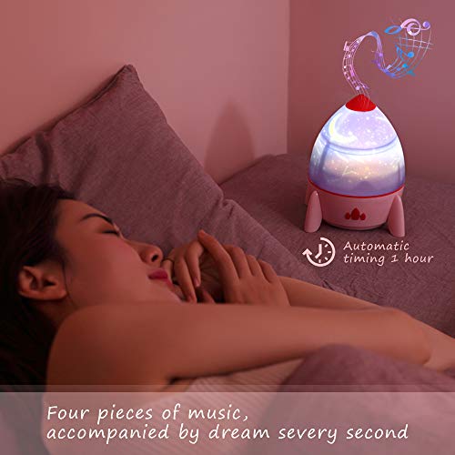 Esonstyle Musical Night Light,360 Rotating Star Lamp Rocket Projection Lamp Baby Musical Lamp with Rechargeable Battery,4 Music Rotating Remote Control and Timer Design Lamp