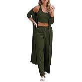 Fessceruna Womens 3 Piece Lounge Sets Pajamas Knit Long Sleeve Cardigan Crop Top Wide Leg Pants Loungewear Set