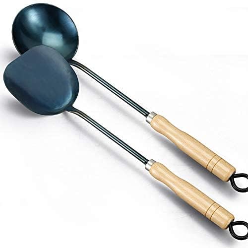 Traditional Chinese Wok Spatula And Ladle, Hand Hammered Wooden Handle