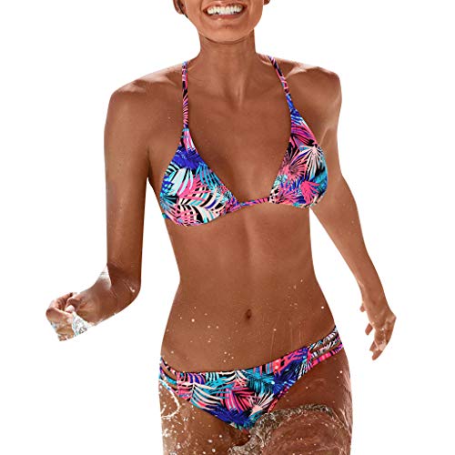 Lotus.Flower Women Brazilian Bikini Set Swimwear Halter Vest Tops Swimsuit Beach Bathing Suit (S, Pink)