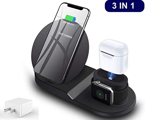 MQOUNY Wireless Charger, Upgrade 3 in 1 Wireless Charging Stand for Apple Watch,Charging Station for Airpods,Fast Wireless Charger Dock for All QI Phone with Charger Adapter (Black)