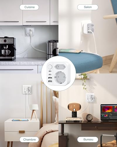 OUFUYU 6-in-1 Multiple Socket, Multi Socket with 2 USB A & USB C Ports, Wall Socket with Switch (4000W/16A), Dual Socket for Home/Office/Travel