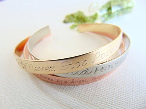 Gold Message Cuff, engraved quote bangle, personalized bridesmaid Bracelet, Stackable bands, Sister gift, bridesmaid gift, Custom name cuff.