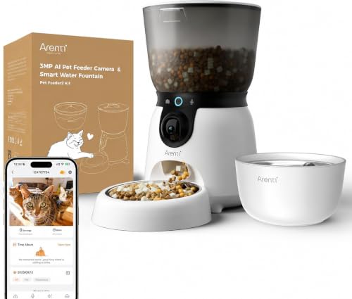 ARENTI Dispensador Croquetas para Perro Gato con Cámara 3MP WiFi 5G/2.4G, 4.5L, con Fuente Agua Inoxidable, Visión Ajustable, IA Detección Mascotas/Sonidos, Alerta Falta Comida, Audio Bidireccional