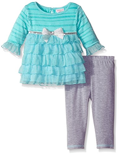 Youngland Baby Girls' Metallic Stripe Knit to Chiffon Tiered Dress Legging Set, Aqua, 24 Months