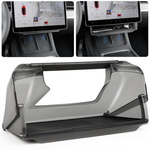 Under Screen Storage for Tesla 2025-2026 Model Y Juniper & 2024-2026 Model 3 Highland, Open and Close Center Console Organizer Tray with Anti-Slip Silicone Pad for New Tesla Model 3 Model Y Accessorie