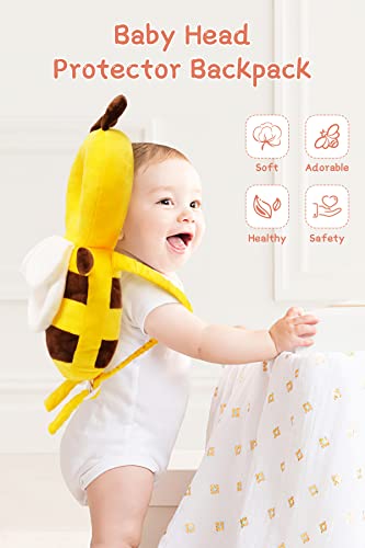 Baby Head Protector Cushion Toddler Head Protection Pillow Baby Backpack with Knee Pads&Anti-Slip Socks (Yellow Bee)
