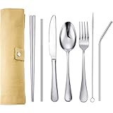 Tatuo 7 Pieces Portable Stainless Steel Flatware Set Travel Cutlery Silverware Set Reusable Utensils with Case, Stainless Steel Knife Fork Spoon Chopsticks Straws (Silver)