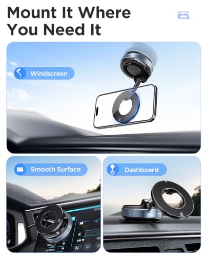 MSXTTLY Car Phone Holder for MagSafe iPhone and Non-MagSafe Android Devices, Magnetic Mount, Vacuum Suction Cup, N55 Magnets, 360 Rotatable Arm for Windshield, Smooth/Textured Surfaces, Vmag-S1 Black