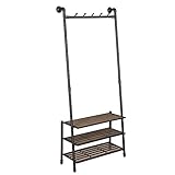 VASAGLE Coat Rack with Shoe Rack, Industrial Pipe Style Hall Tree, Angled Coat Stand for Hallway Entryway, Standing Against The Wall, Bolt Hooks and Slat Shelves, Stable Metal Frame, Black URCR75BX