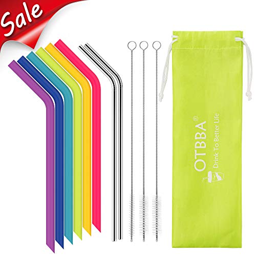 OTBBA Reusable Silicone Drinking Straws for 30 oz Tumbler, 6 BIG Reusable Smoothies Straws for Yeti/Rtic/Ozark Tumbler + 3 Long Brushes + 2 Stainless Steel Straws + 1 Storage Pouch