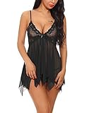 Ababoon Women Lingerie Lace Babydoll V neck Asymmetrical Sleepwear Strap Chemise