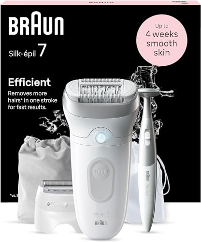 Braun Silk-épil 7, Epilierer Damen, Haarentferner für Langanhaltende Haarentfernung, Ladyshaver, Wasserdicht — Inkl. Bikinitrimmer (Haartrimmer Intimbereich), Made in Germany — 7-241, Weiß/Silber