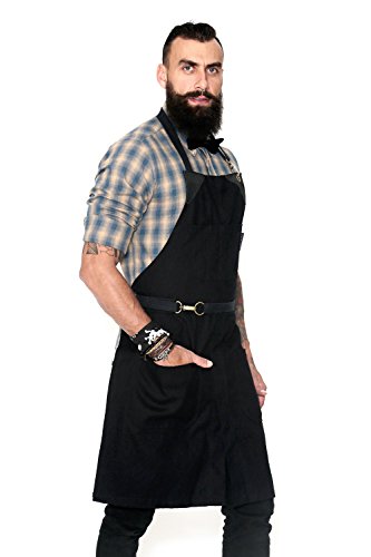 Under NY Sky No-Tie Deep Black Apron - Durable Twill with Leather Reinforcement and Split-Leg - Adjustable for Men and Women - Pro Barber, Tattoo, Barista, Bartender, Baker, Hair Stylist, Server Apron
