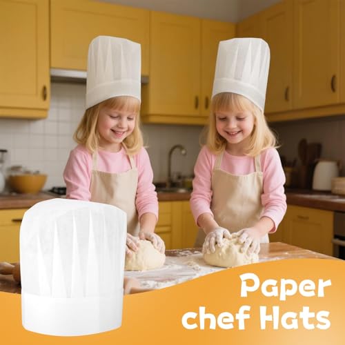 20 Pack Disposable kids Chef Hat, Adjustable Non Woven Bakery Hats for kids, Disposable DIY Kitchen Cooking Chef Cap for Cooking, Baking, Pizza Party, Hibachi Party Decorations (White/27 * 20cm)