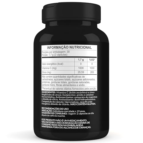 Vitamina C 1000mg + Zinco Bisglicinato 30mg Vegano - Auxilia na Imunidade - 1 Pote com 60 Cápsulas Veganas de 850mg